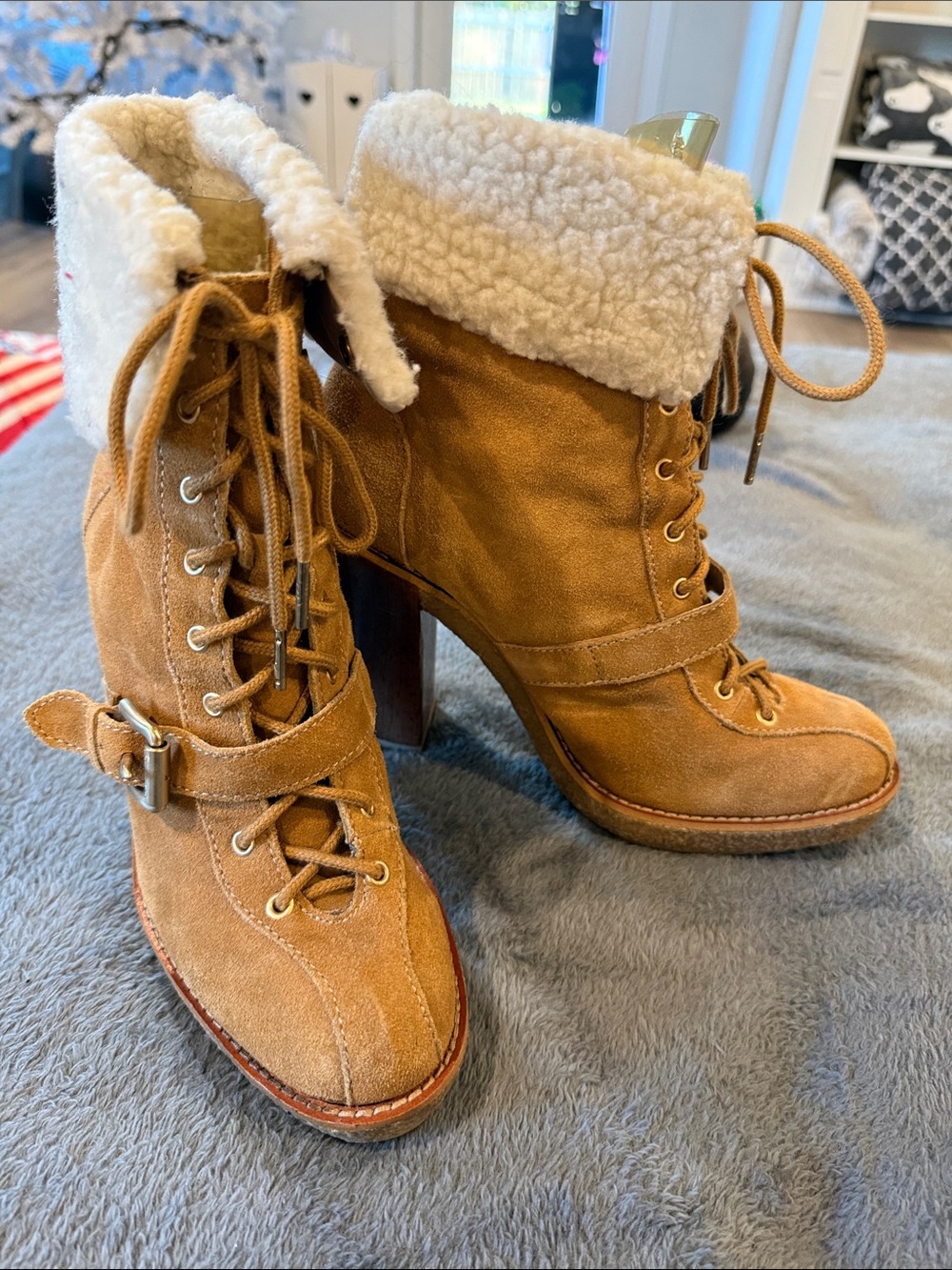 Michael Kors Tan Suede Lace-Up Shearling Cuff Boots